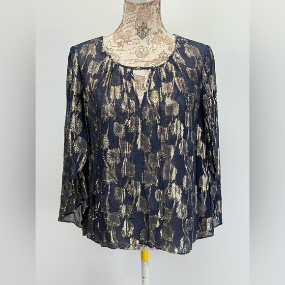 LILLY PULITZER Sheer BECCER Silk Navy blouse with Gold palm tree design size M - Picture 2 of 16